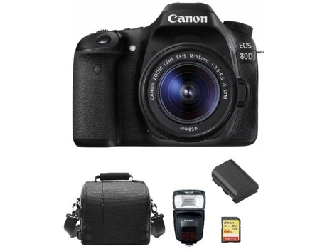Cámara Reflex CANON EOS 80D + Objectivo EF-S 18-55mm F3.5-5.6 IS STM + Tarjeta SD 64GB + Bolsa + Batería LP-E6N + Canon 470EX-AI Speedlite (APS-C)