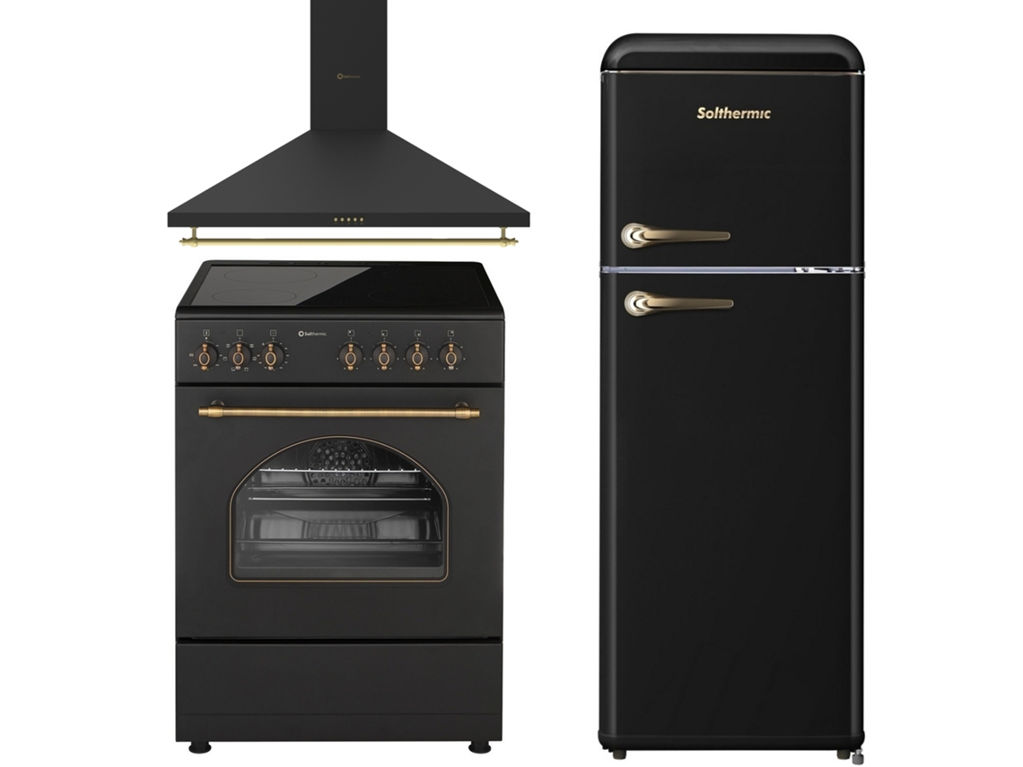 Pack Combinado Solthermic® Cocina Vtc Rustic Black 60x60 Campana Extractora Rustic Black 60 Frigorífico Retro 1,47 Negro
