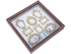 Caja de museo con fotos en miniatura, figuras de madera y plástico, marco dorado decorativo, oficina artística GOKOCO