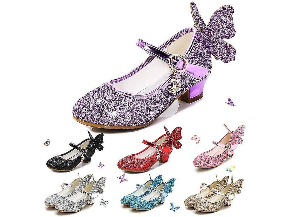 Zapatos De Cuero Para Niñas Princesa Con Brillo Tacón Alto Mariposa Doz27 Plata Veintisiete Plata