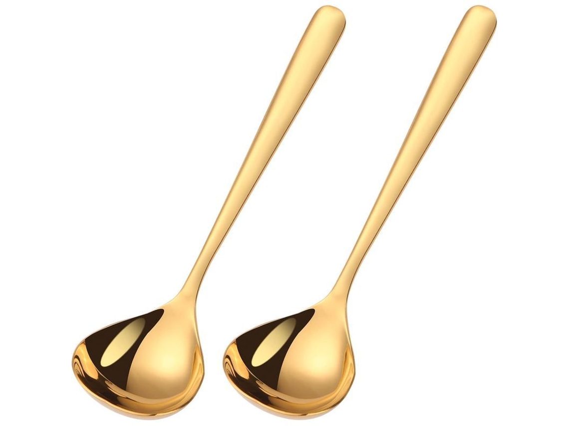 Cucharones Linjou Gold de acero inoxidable, aptos para lavavajillas, ideales para sopas, salsas y purés.