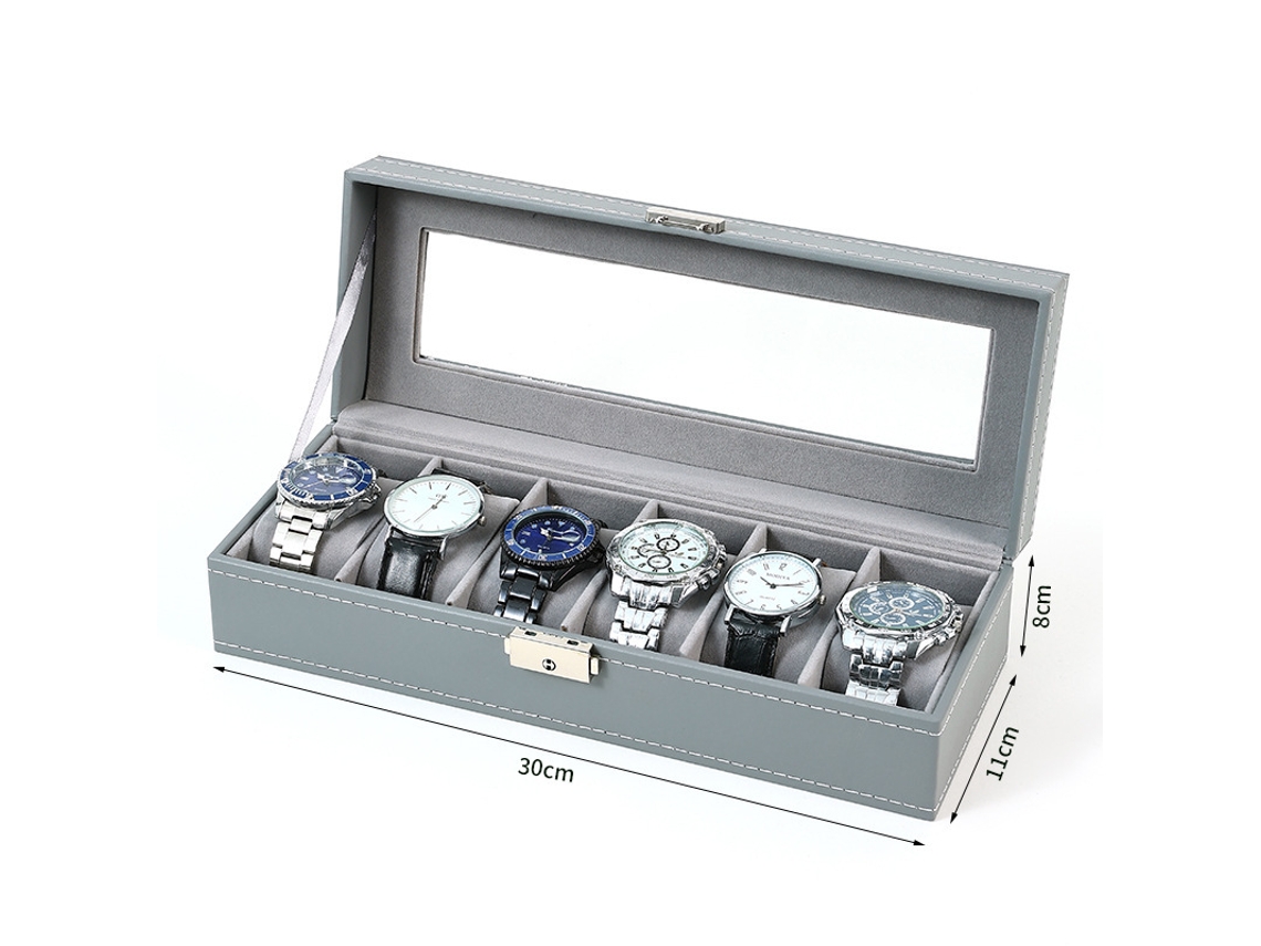 Caja para relojes Chrui de 6 compartimentos, de piel sintética, estilo retro (gris)