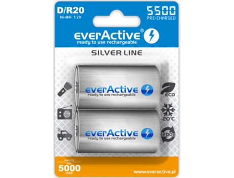Juego de 2 Pilas Recargables EVERACTIVE R20/D 5500 mAh pre-cargo