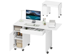 Escritorio Para Ordenador Con Ruedas, Mesa De Ordenador Con Ala Abatible, Cajón, Armario Y Compartimento, 130 X 58 Cm, Blanco