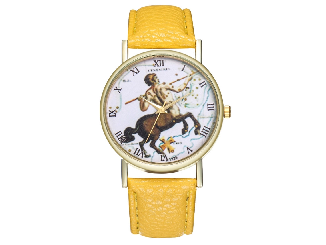 Reloj De Cuarzo Con Correa De Cuero Y Esfera Sagitario (amarilla)