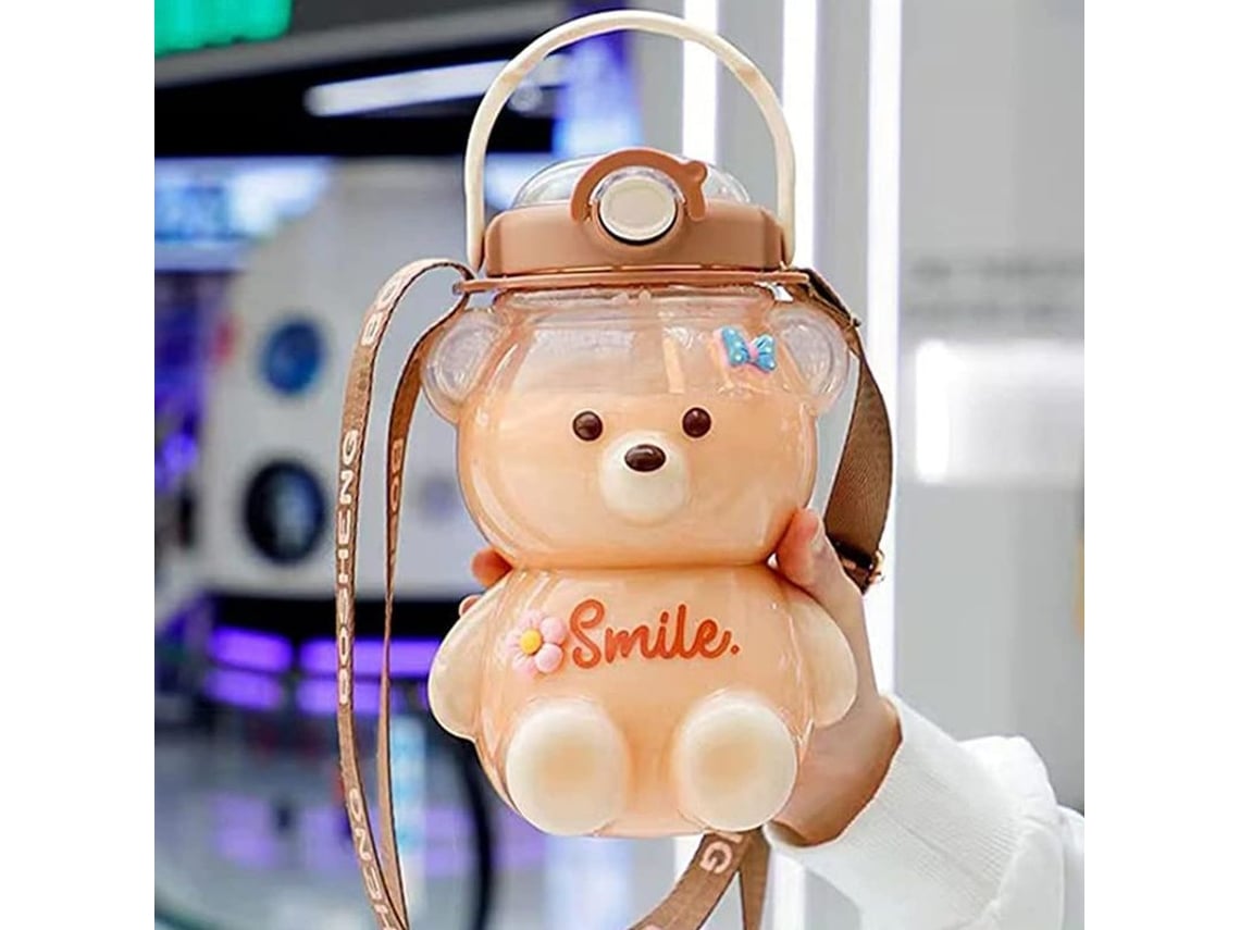 Garrafa de água Linjou 2026 de 1 litro em formato de urso, com canudo e alça, portátil e resistente para adolescentes e meninas (marrom)