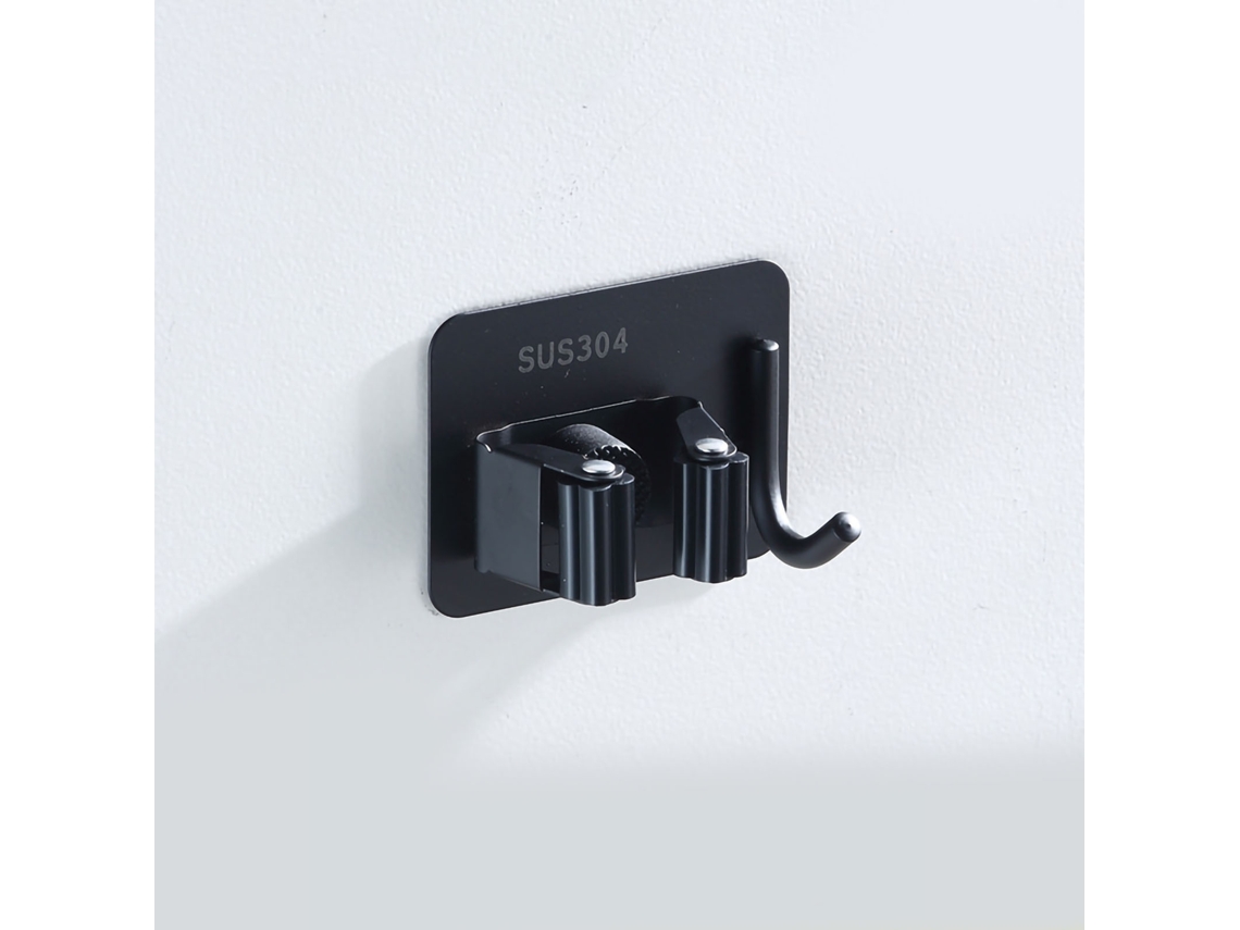 Soporte de acero inoxidable para escobas y fregonas - No requiere taladrar, instalación con pegamento, con gancho, color negro, multifuncional para baño y aseo.