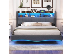 Cama De Adulto 160x200 Cm En Tejido De Lino - Cabecero Con Almacenaje Con Led Y Enchufes - Gris