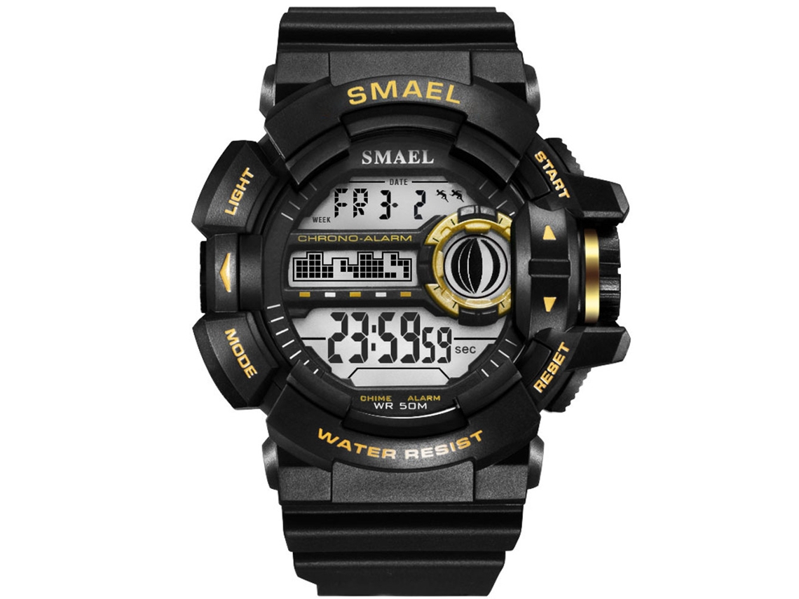 Reloj Deportivo Smael Para Hombre Con Correa De Plástico, Resistente Al Agua Hasta 50 M, Negro Y Dorado.