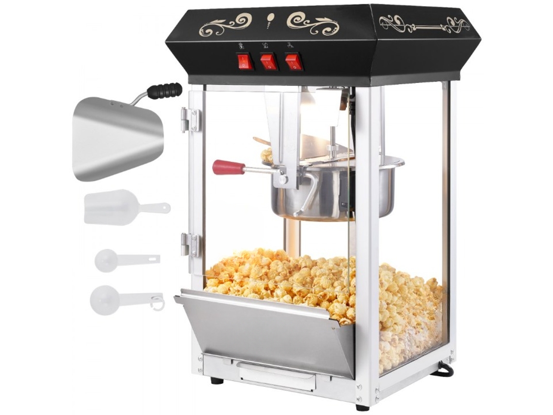 Máquina de palomitas de maíz negra de 8 oz y 850 W con luz LED y marco de vidrio Tekmaquinas