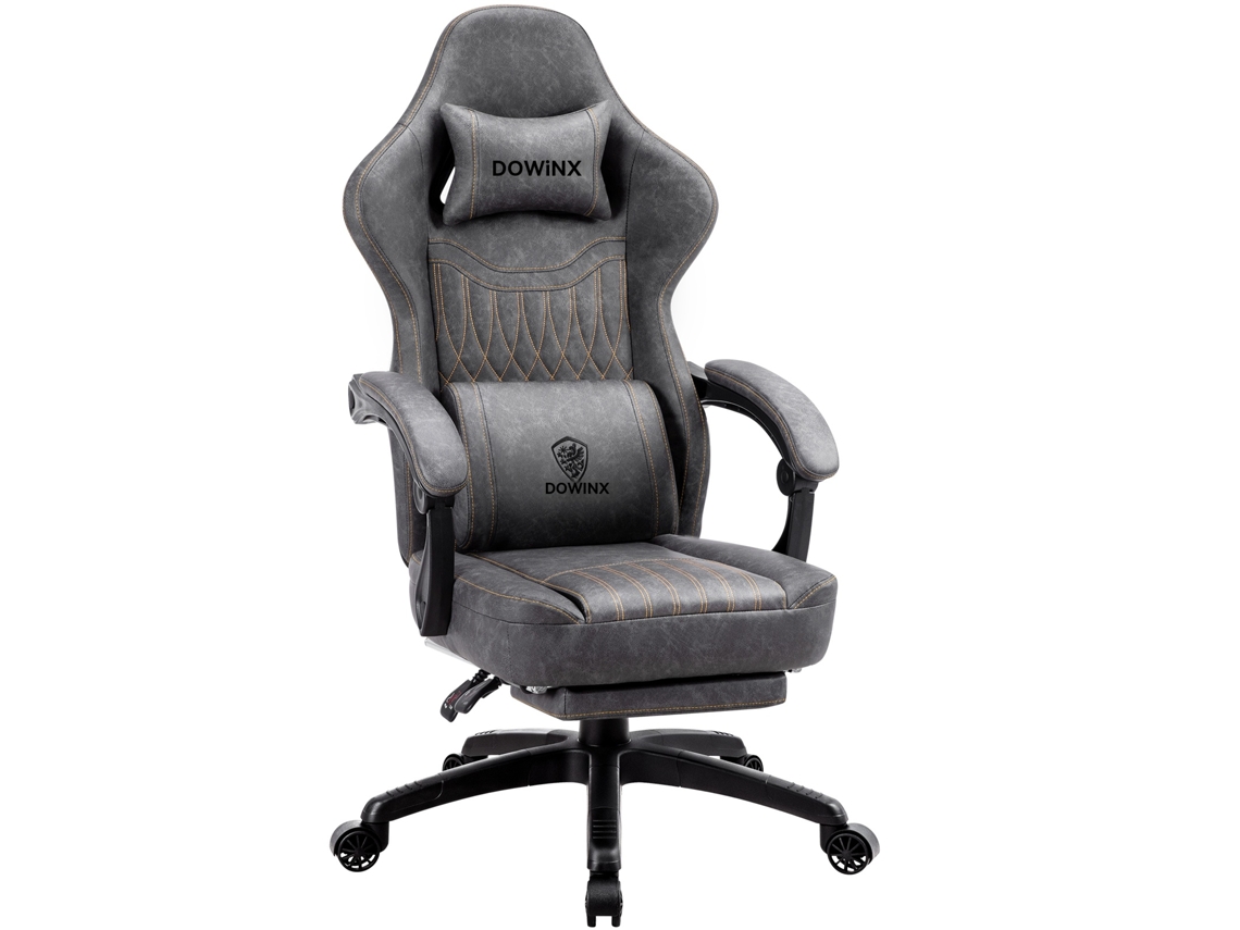 Silla ergonómica para juegos con masaje lumbar, cojín de resortes independiente, reposapiés integrado y piel sintética transpirable (gris)