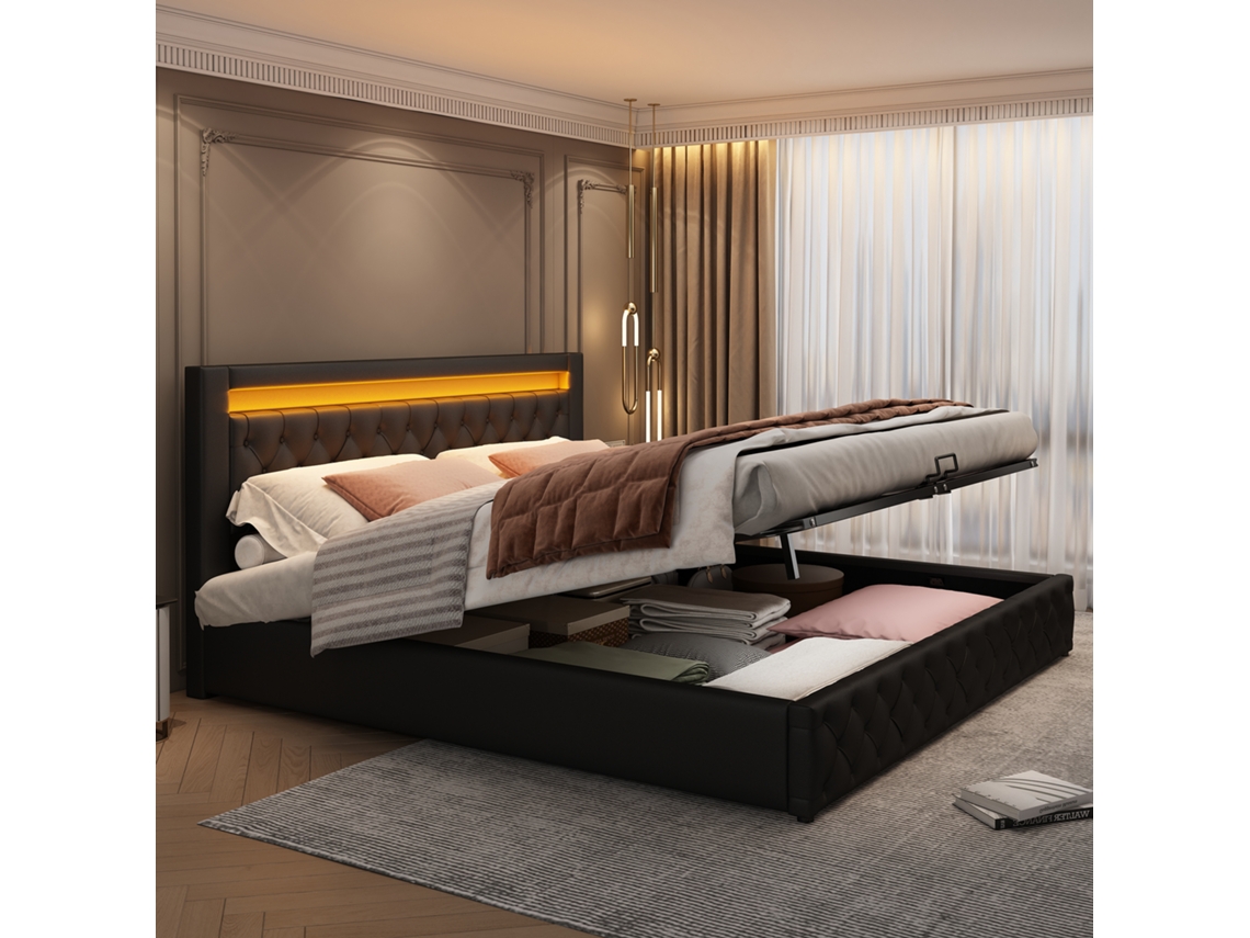 Cama Tapizada De 180x200 Cm Con Espacio De Almacenamiento, Somier De Láminas E Iluminación Led Multicolor, En Poliuretano Negro.