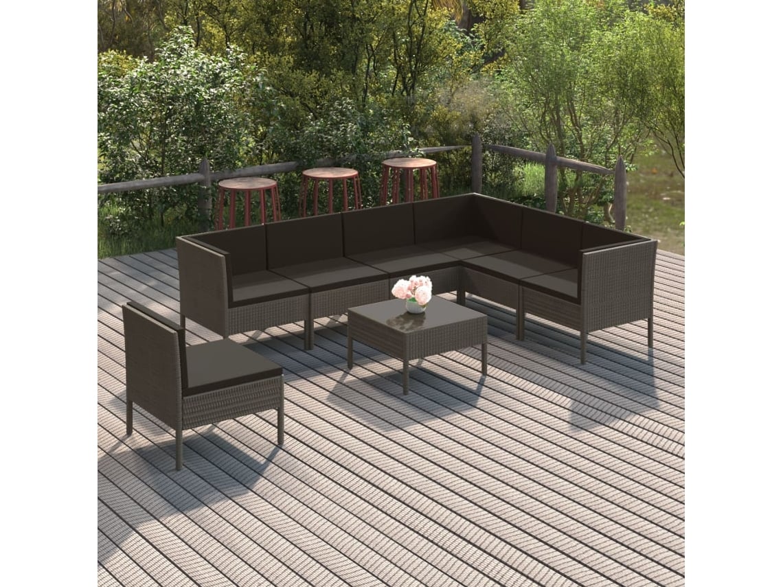 Conjunto de jardín de 8 piezas con cojines en mimbre gris, DKD Home Decor