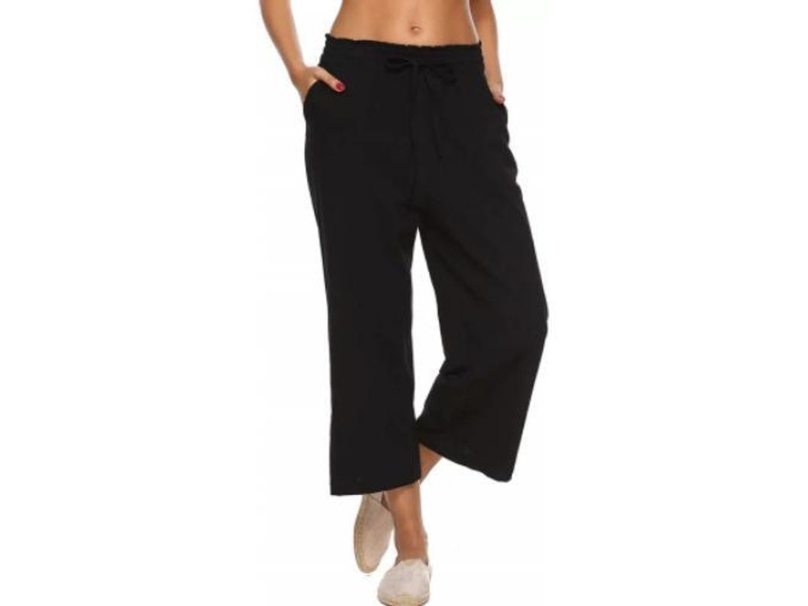 2026-pantalones De Lino Para Mujer De Cintura Alta, Pierna Ancha Con Cordón Y Bolsillos Casuales Sueltos Xxl Negro