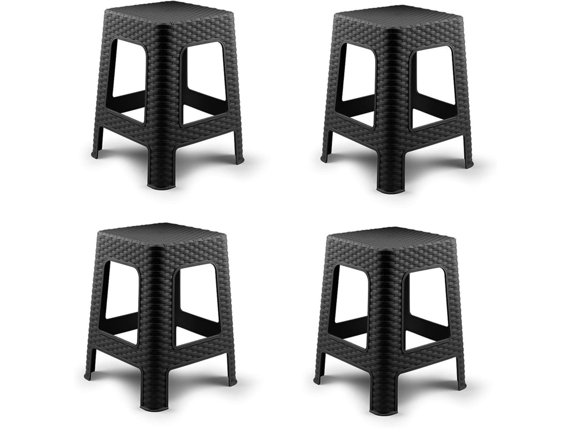 4X Banqueta de plástico estilo rattan moderno empilhável para interior e exterior - 36x36x45cm (4, preto) COSHANO