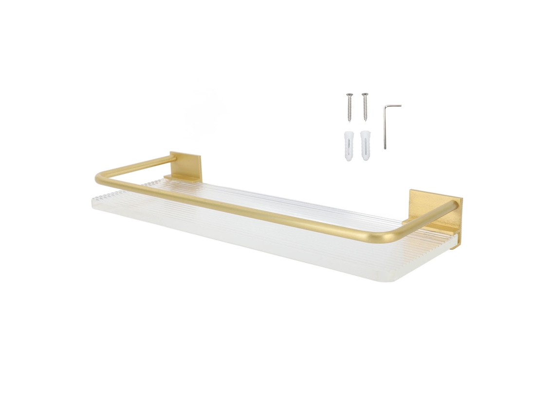 Estantería De Baño De Aluminio Y Acrílico, Sin Agujeros, 30 Cm, Estante De Pared Con Toallero Dorado.