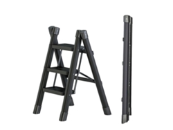 Escalera plegable de tres peldaños con características de seguridad antideslizantes.