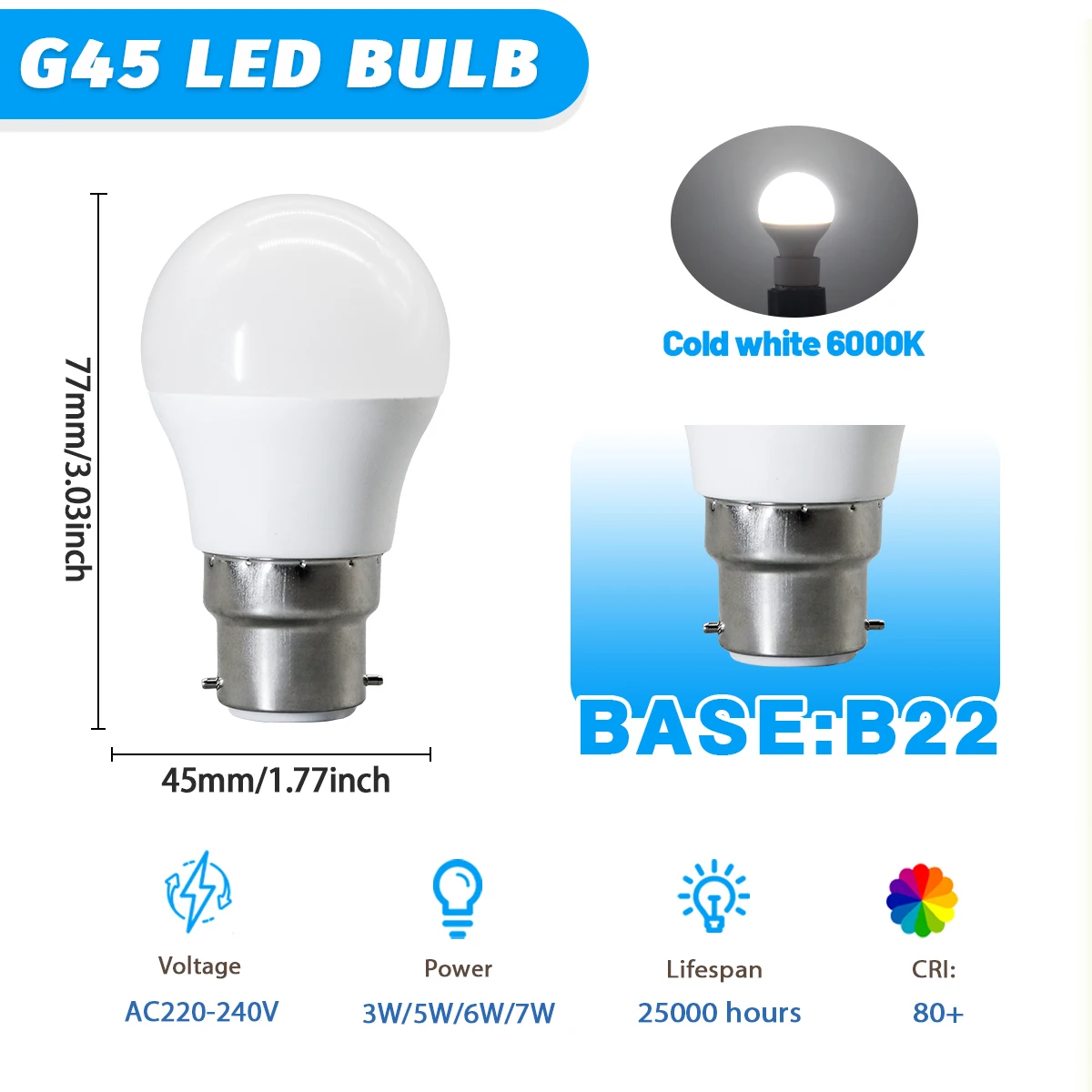(b22 6000k, 3w) 4 Bombillas Led G45, Ac220v-240v, Sin Parpadeo, Respetuosas Con La Vista, Aptas Para Iluminación Doméstica.