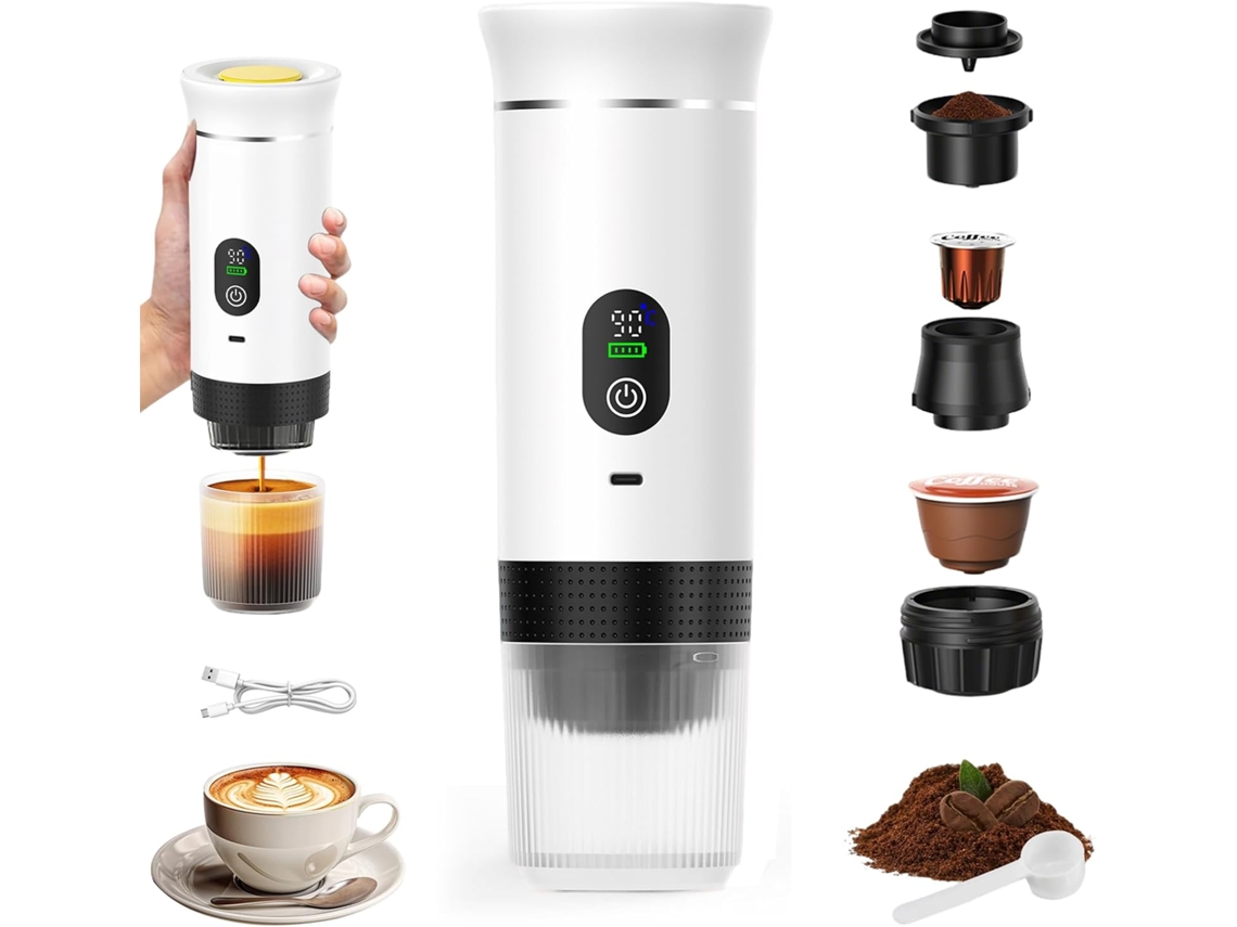 Cafetera portátil con pantalla digital, de cápsulas pequeñas, apta para café molido, cápsulas grandes y pequeñas (blanca)