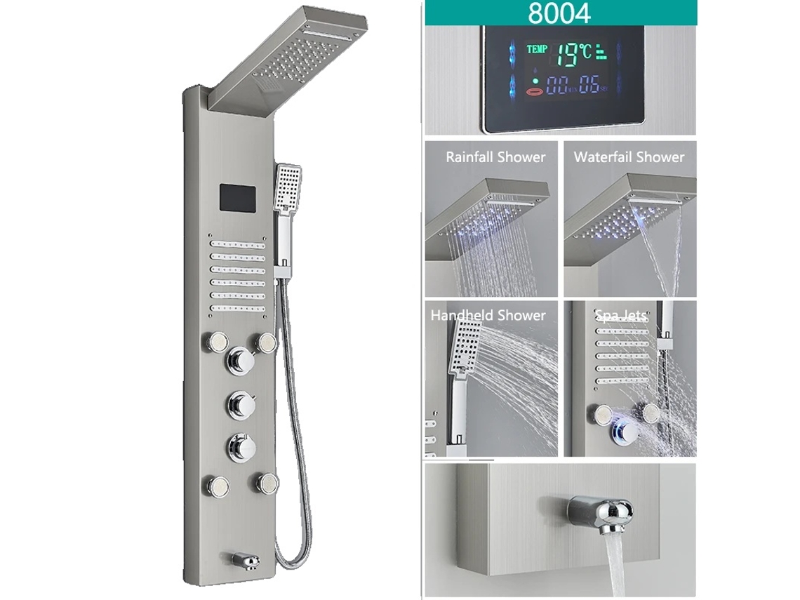 Grifo de ducha LED con pantalla digital de temperatura y sistema de masaje corporal, acabado cepillado 8004