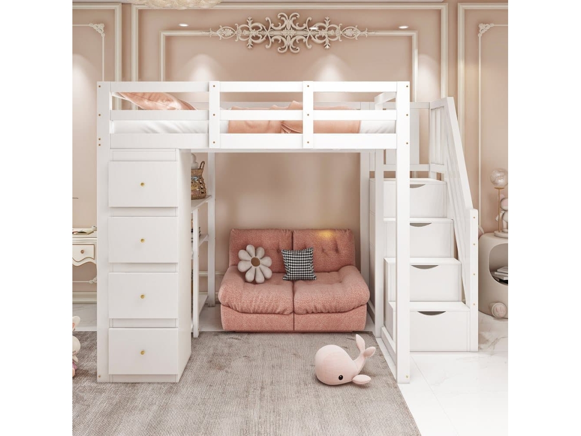 Cama Alta 140 X 200 Cm - Madera Maciza Multifuncional Con Cajones, Cómoda Con Estantes Y Escalera Segura - Blanco