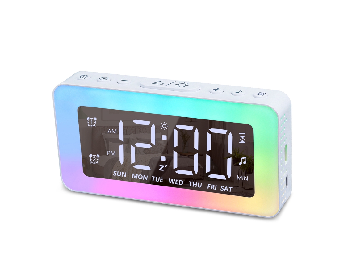 Reloj digital LED con alarma, luz nocturna y espejo, brillo/volumen ajustable.