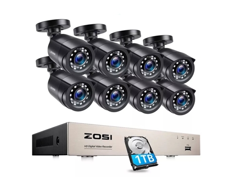 Kit de Videovigilancia 8 Cámaras ZO.SI Negras con HDD de 1 Tb para Grabación de Imágenes