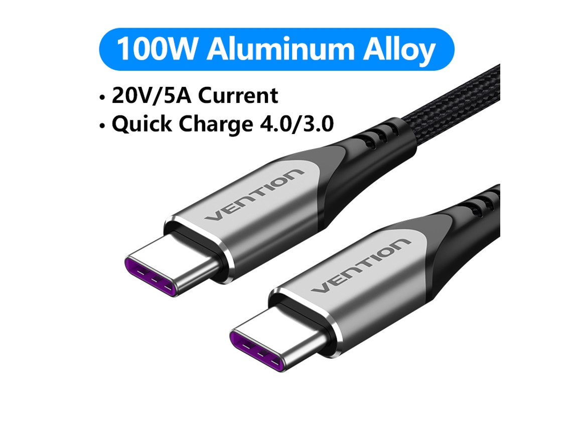 Cable USB-C a USB-C, 100 W, QC 4.0 PD 60 W, para MacBook Pro, Xiaomi Mi 10, Gris aluminio