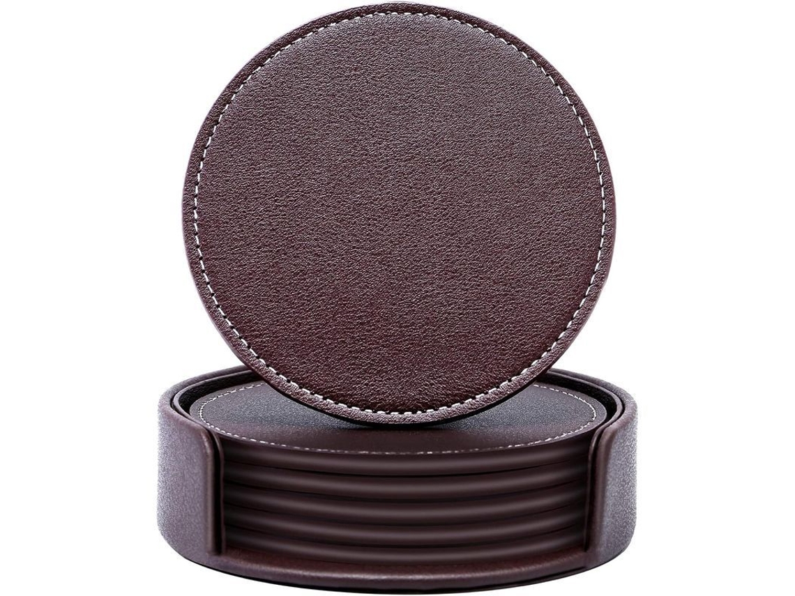 2026-41287-set De 6 Posavasos De Cuero Pu Redondos Con Soporte Para Mesa, Protege Muebles De Manchas, Para Hogar/oficina/bar