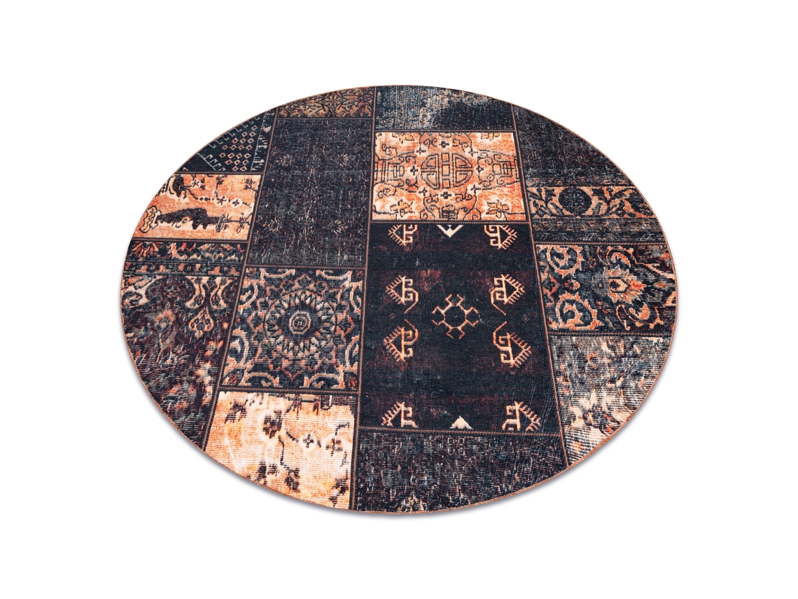 Antika Alfombra Ancient Chocolate Circulo, Patchwork Moderno, Griego Lavable - Negro / Terracota (circulo 160 cm)
