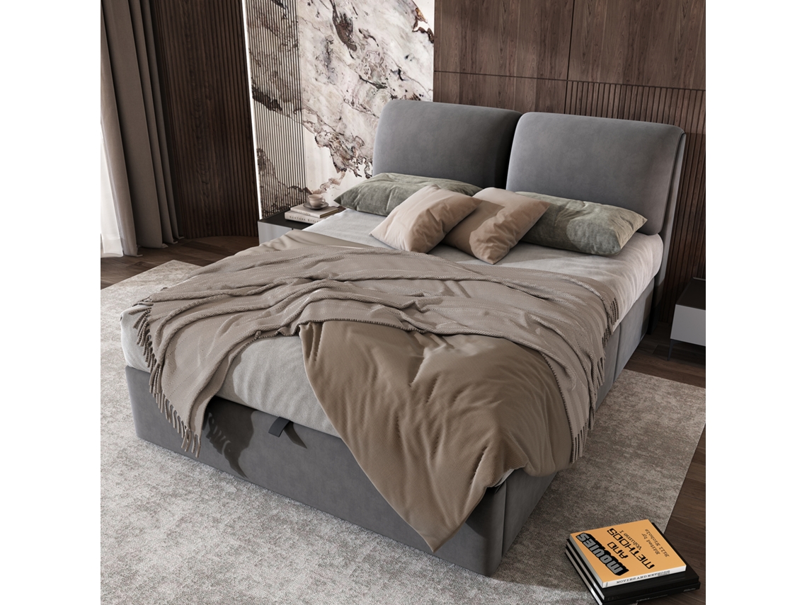 Cama Baúl Acolchada 140x200 Cm En Terciopelo Con Somier De Láminas, Cabecero Ajustable Y 3 Cajones, Gris