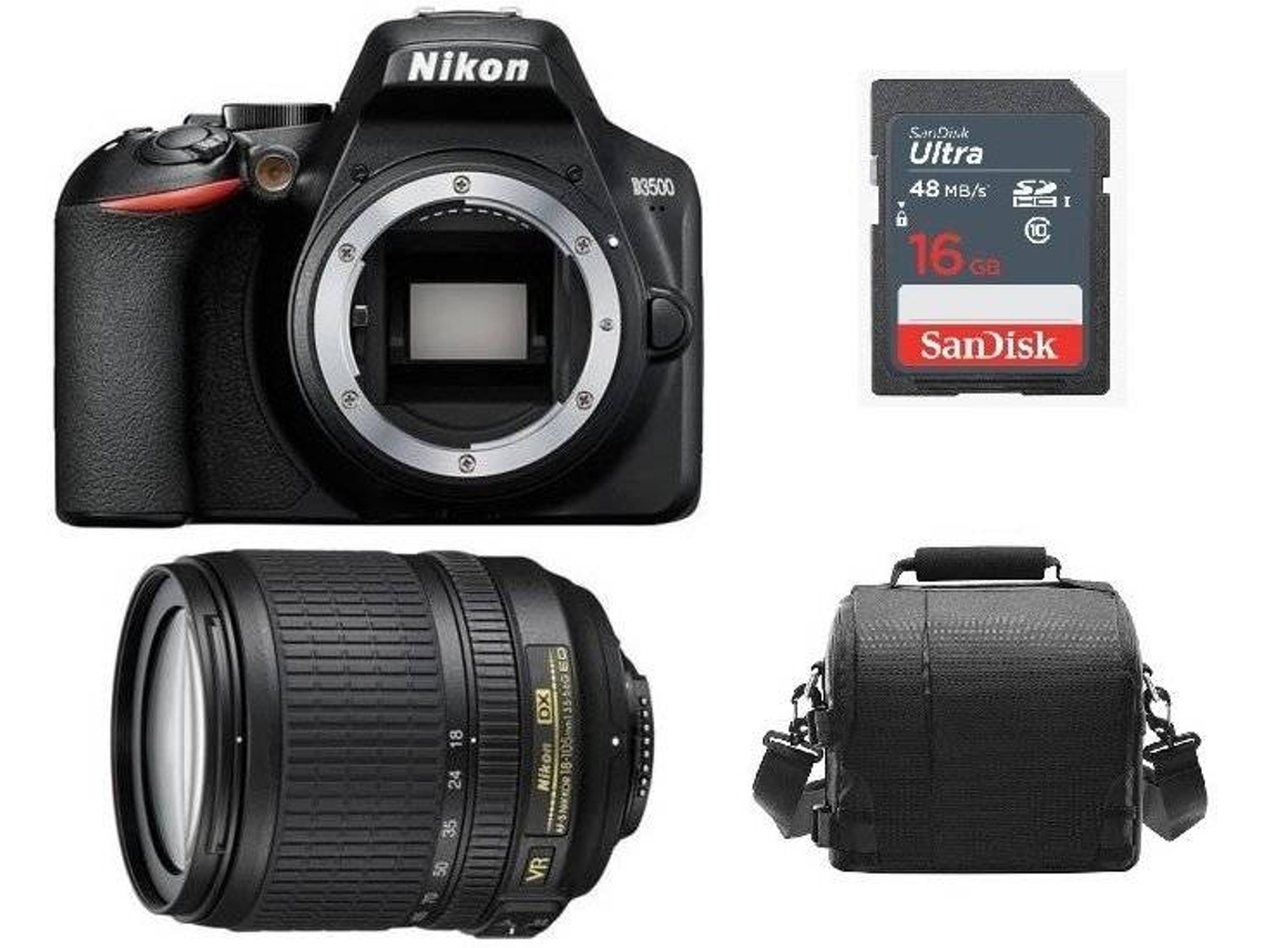Kit Cámara Réflex NIKON D3500 Negro + AF-S 18-105MM F3.5-5.6G ED VR (caja blanca) + Funda de cámara + Tarjeta SD de 16GB