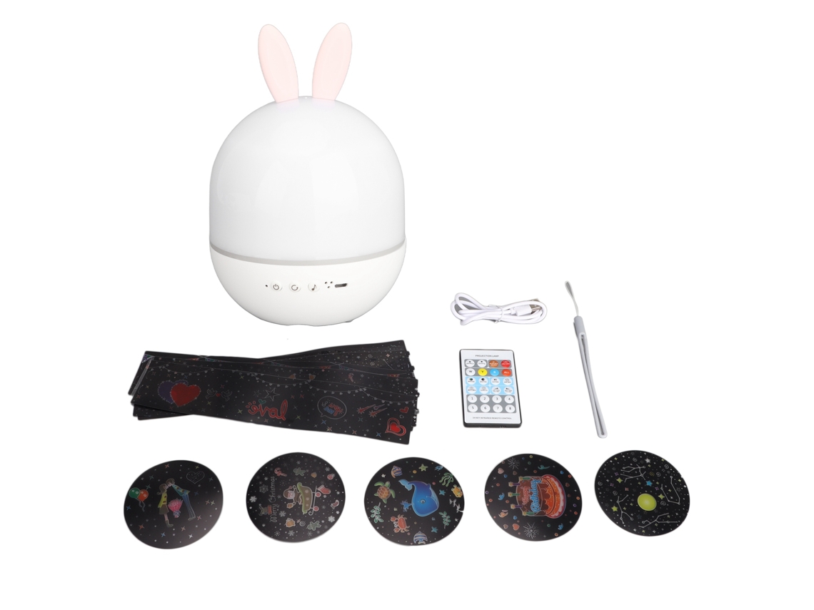 Proyector de luz nocturna LED USB para niños 2026 con lindo conejo, altavoz Bluetooth y control remoto para la decoración de la habitación.