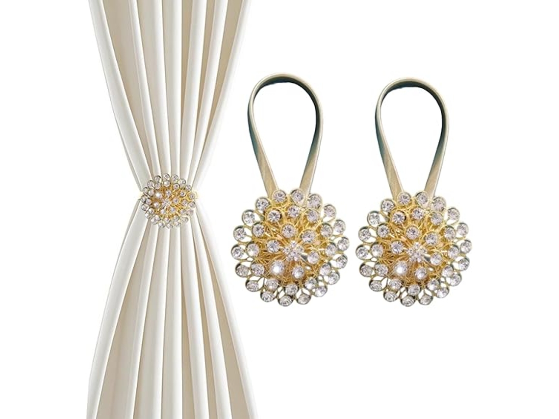 Sujetadores magnéticos para cortinas (2 unidades), diseño de flor de cristal dorado