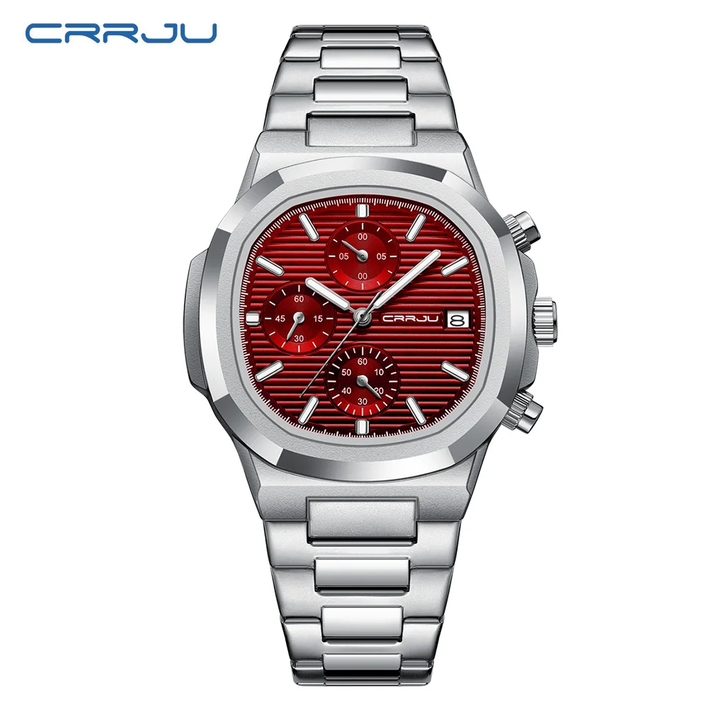Reloj De Negocios Para Hombre, Resistente Al Agua, Con Fecha Luminosa, Cuadrado De Acero Inoxidable, Color Plateado Y Rojo.