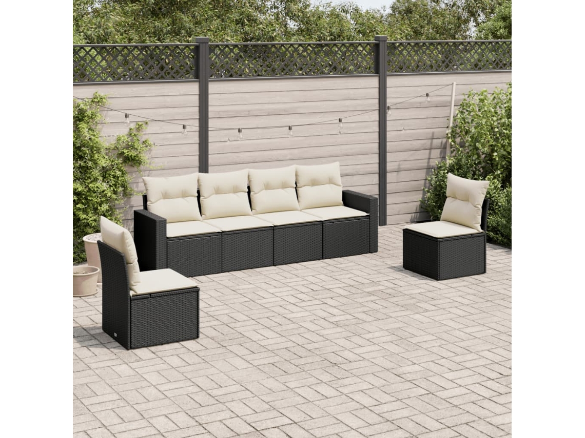 Conjunto de sofá de jardín de 6 piezas con cojines, mimbre sintético negro, DKD Home Decor