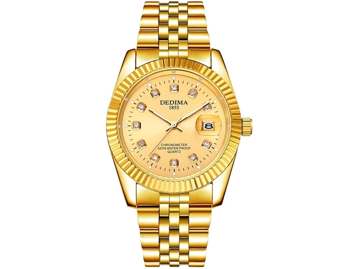 Reloj de pulsera resistente al agua con diseño de diamantes para hombre con fecha, dorado