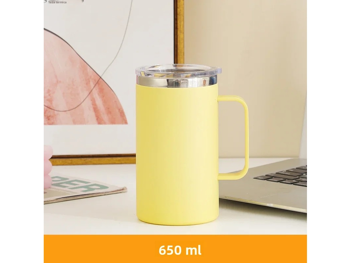 Taza de café de acero inoxidable 304, 650 ml, con asa y tapa, botella de agua con aislamiento de doble pared. Mdug (amarilla)