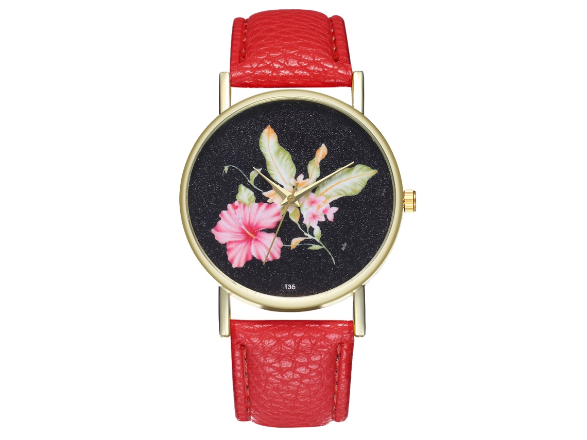 Elegante Reloj De Pulsera Unisex Informal De Cuarzo En Piel Sintética Roja.