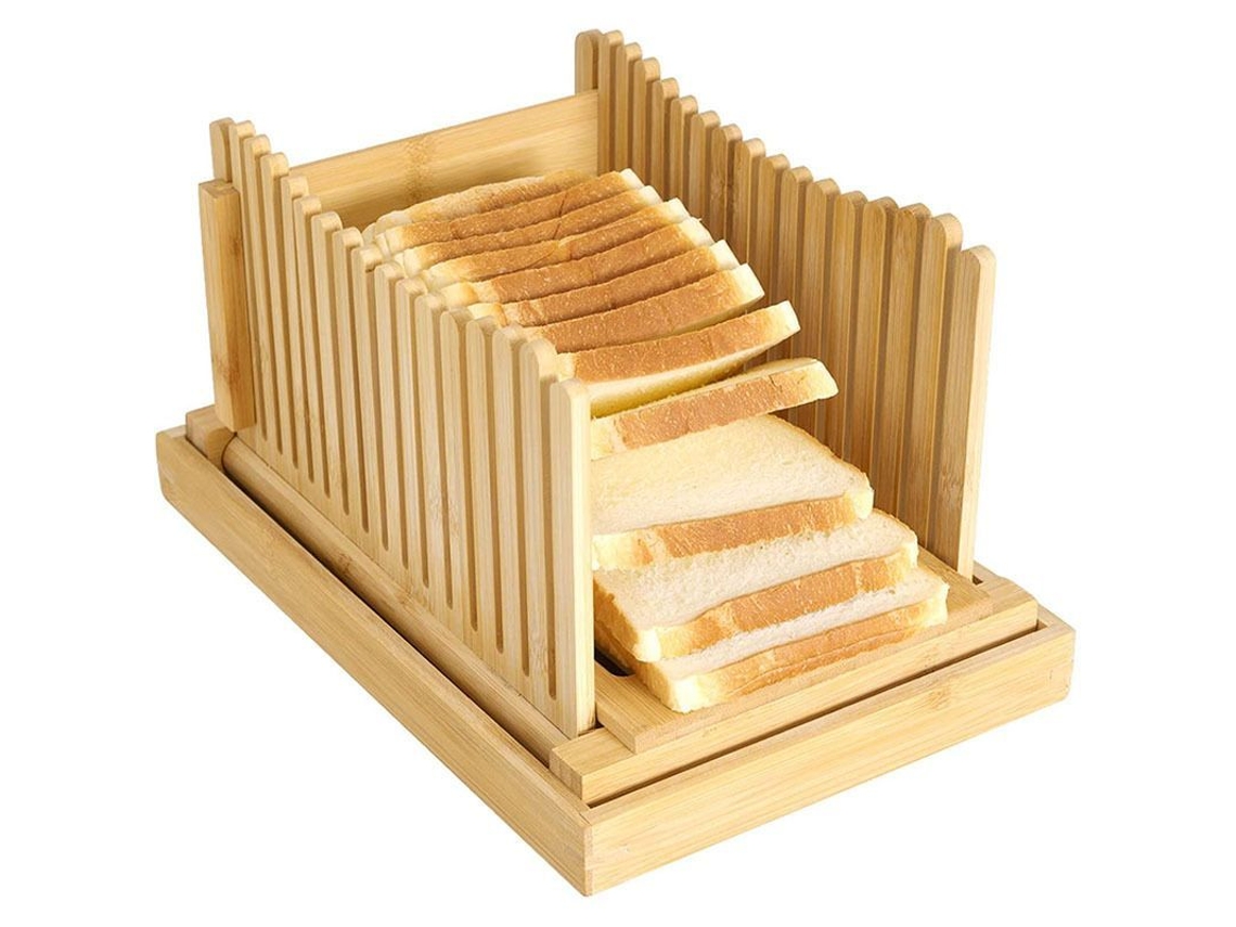 Rebe cortador de Pão de Bambu Plegável com Guia Ajustável e Prato para Migalhas, 3 Espessuras Diferentes