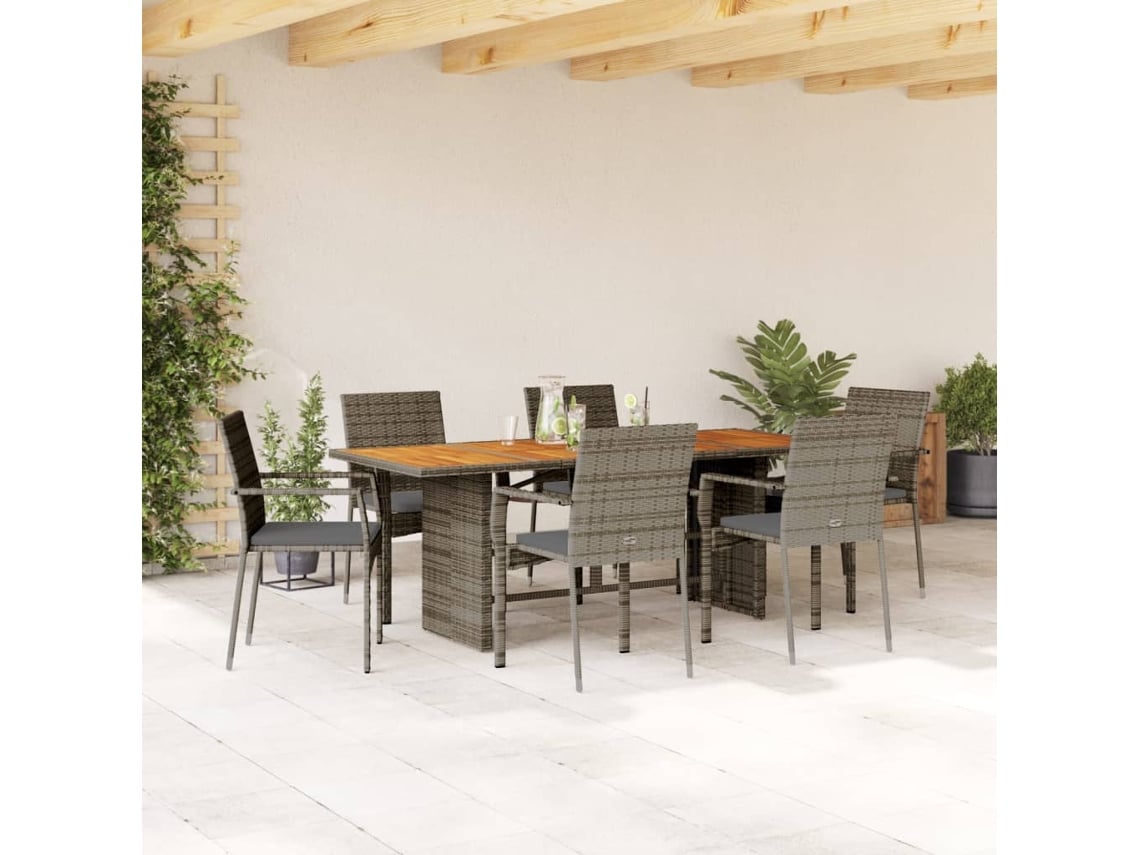 Juego de comedor de jardín de 7 piezas con cojines, mimbre gris, DKD Home Decor