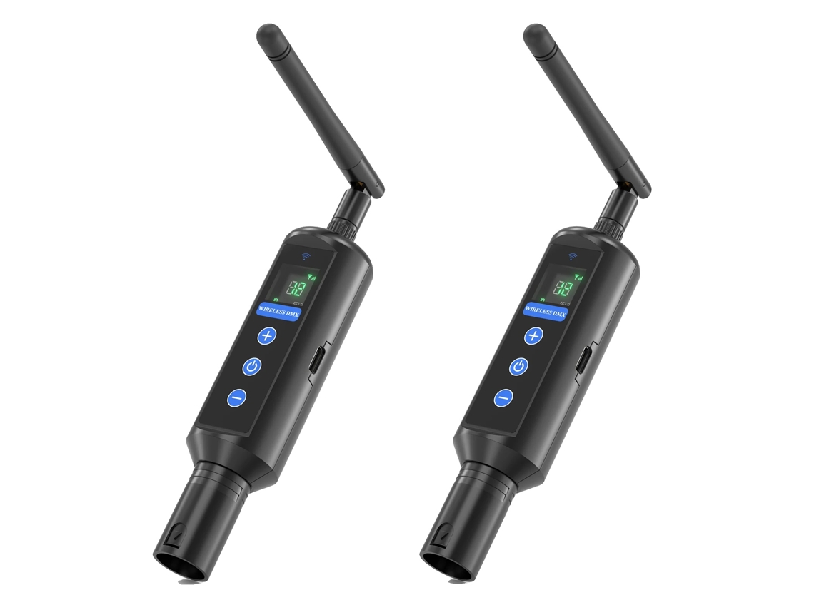 Transmisor DMX inalámbrico, pantalla OLED, antena desmontable, 2 unidades, enchufe europeo OEM