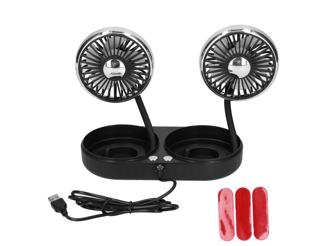Mini Ventilador Eléctrico Para Coche Con Usb, 3 Velocidades, Doble Cabezal, Rotación De 360°, Negro Y Plateado.