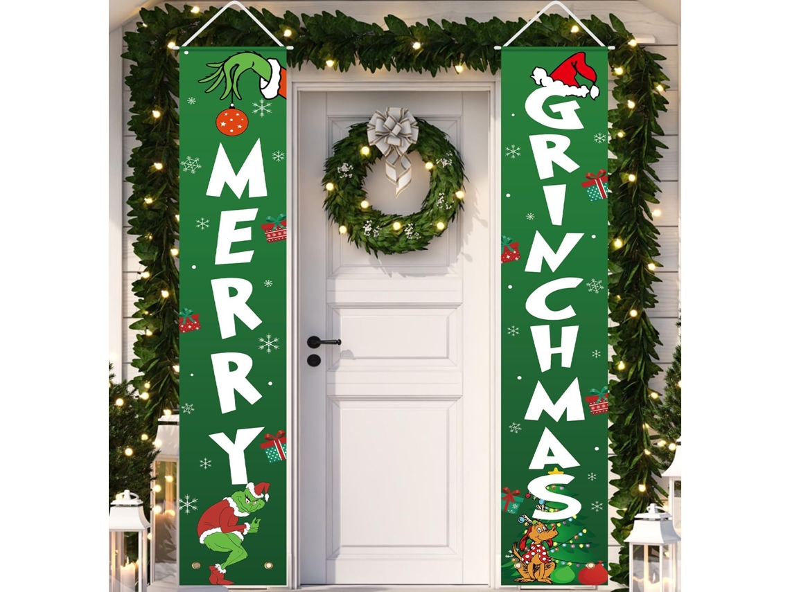 Pancarta del Grinch Feliz – Letrero de Navidad para la puerta, pancarta de bienvenida para decoración del hogar interior y exterior