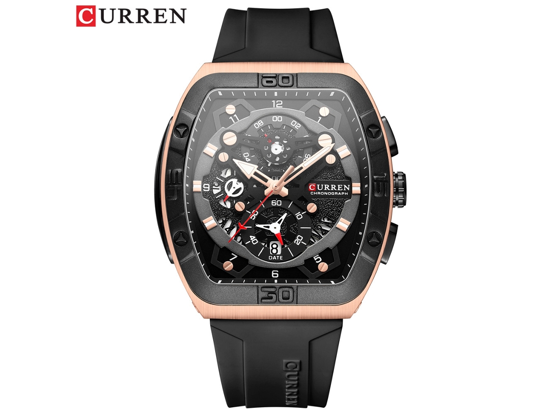 Reloj unisex de cuarzo (negro) con seis manecillas, estilo deportivo, correa de caucho, calendario multifuncional y resistente al agua.