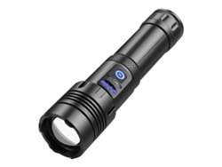 Linterna LED compacta, recargable vía USB, con indicador de nivel de batería, enfoque telescópico y 7 niveles de ajuste de brillo.