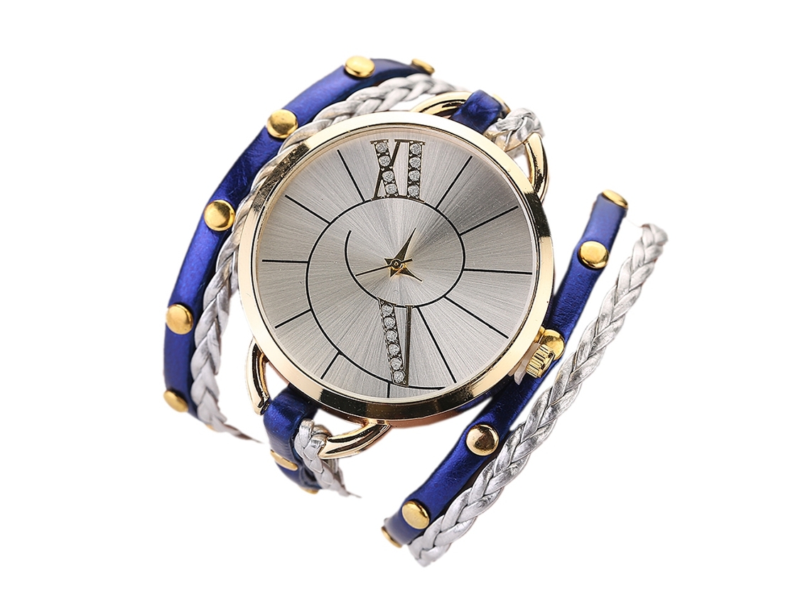 Reloj De Pulsera Retro De Cuarzo Para Mujer Con Cordón Azul Trenzado Multicapa.