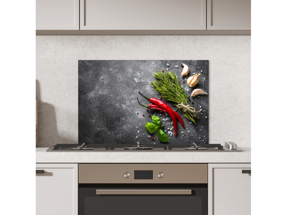 Panel antisalpicaduras de cocina con diseño de pimienta, hierbas aromáticas y especias - Hormigón, 70x50 cm