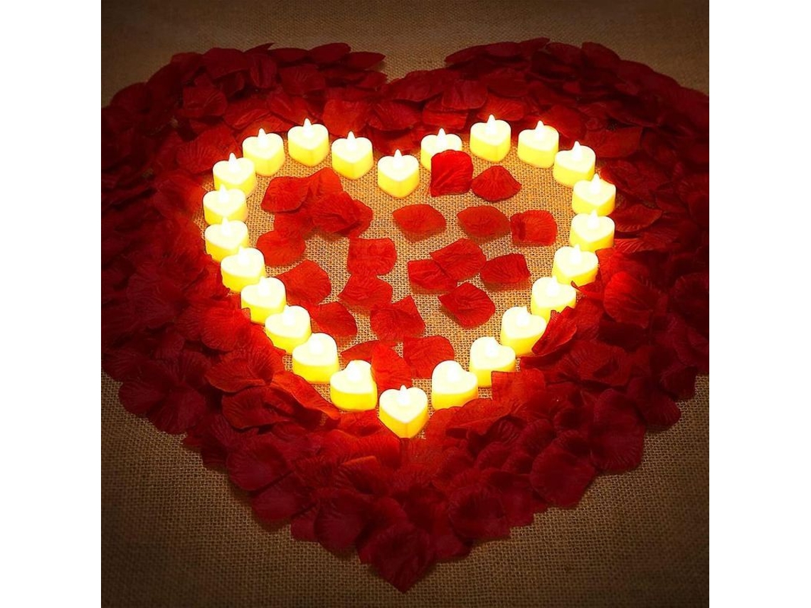 1000 Pétalos De Rosa Artificiales Con 24 Velas Led Sin Llama En Forma De Corazón Huzred Rojo
