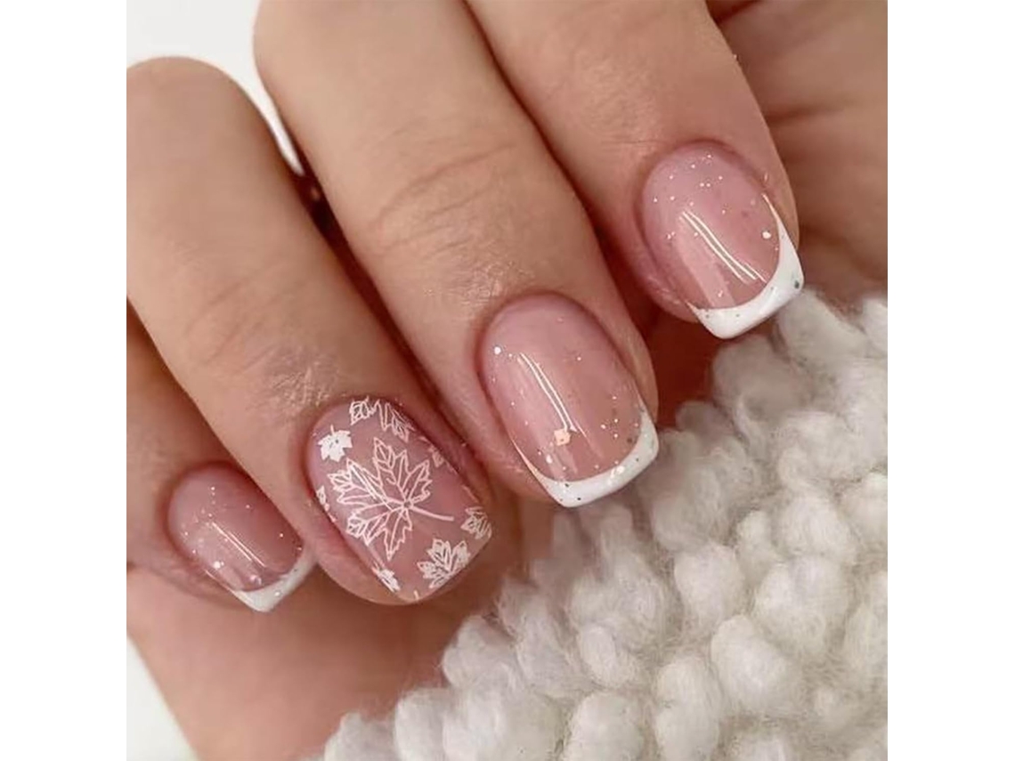 24 Uñas postizas cortas - Set de uñas de gel autoadhesivas para manicura francesa - Blanco